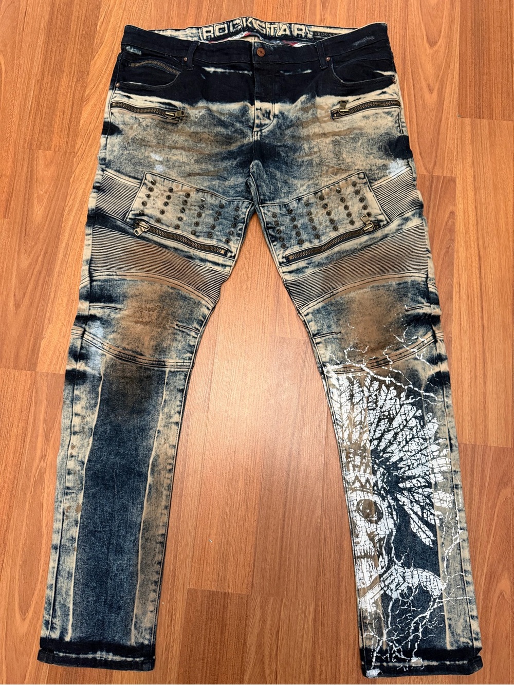 Rockstar Distressed Skinny Jeans in Black and Tan with Stud Details